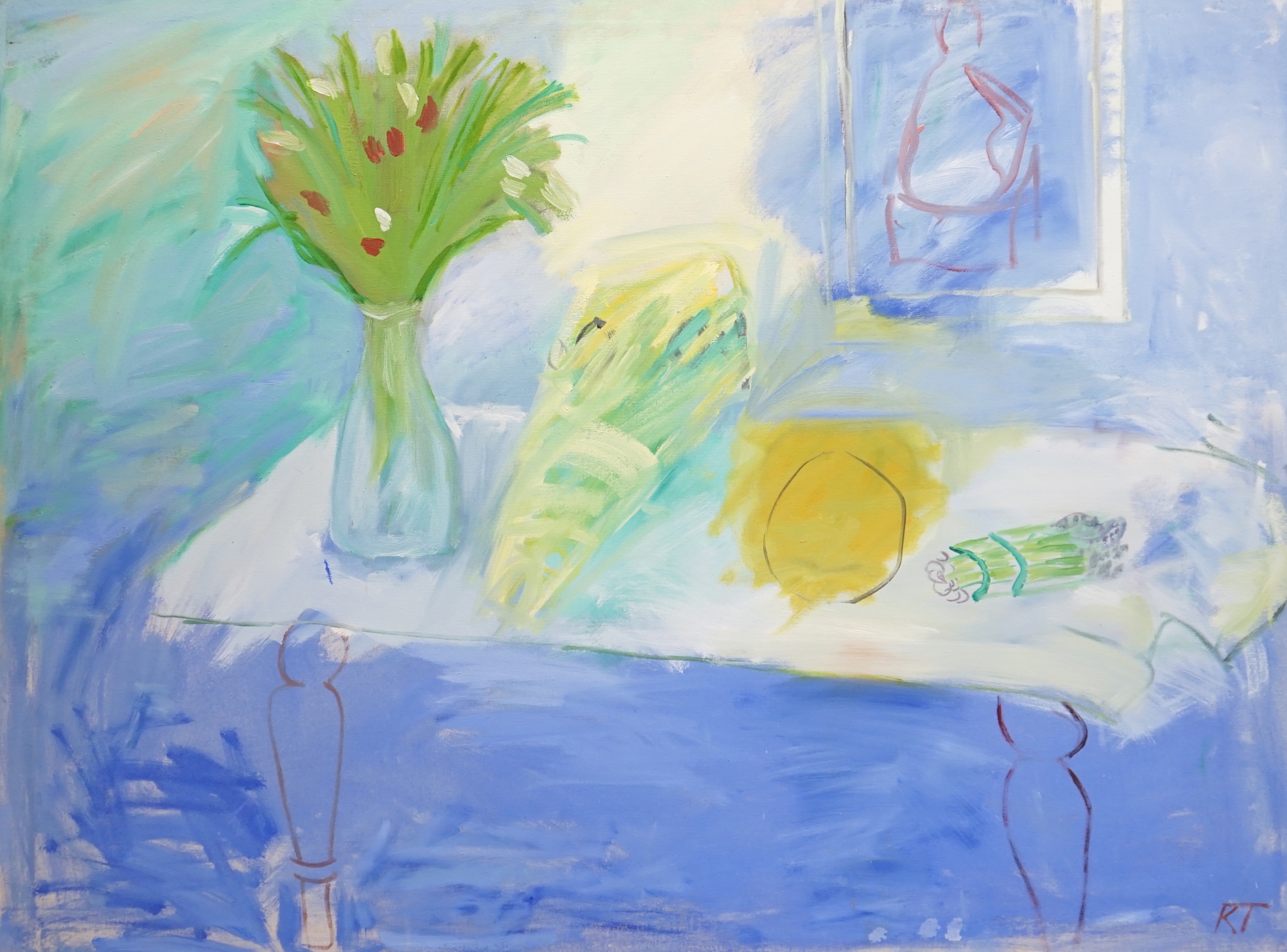 Kay Tarry, oil on canvas, abstract composition, still life of fruit, 122cm x 90cm, unframed